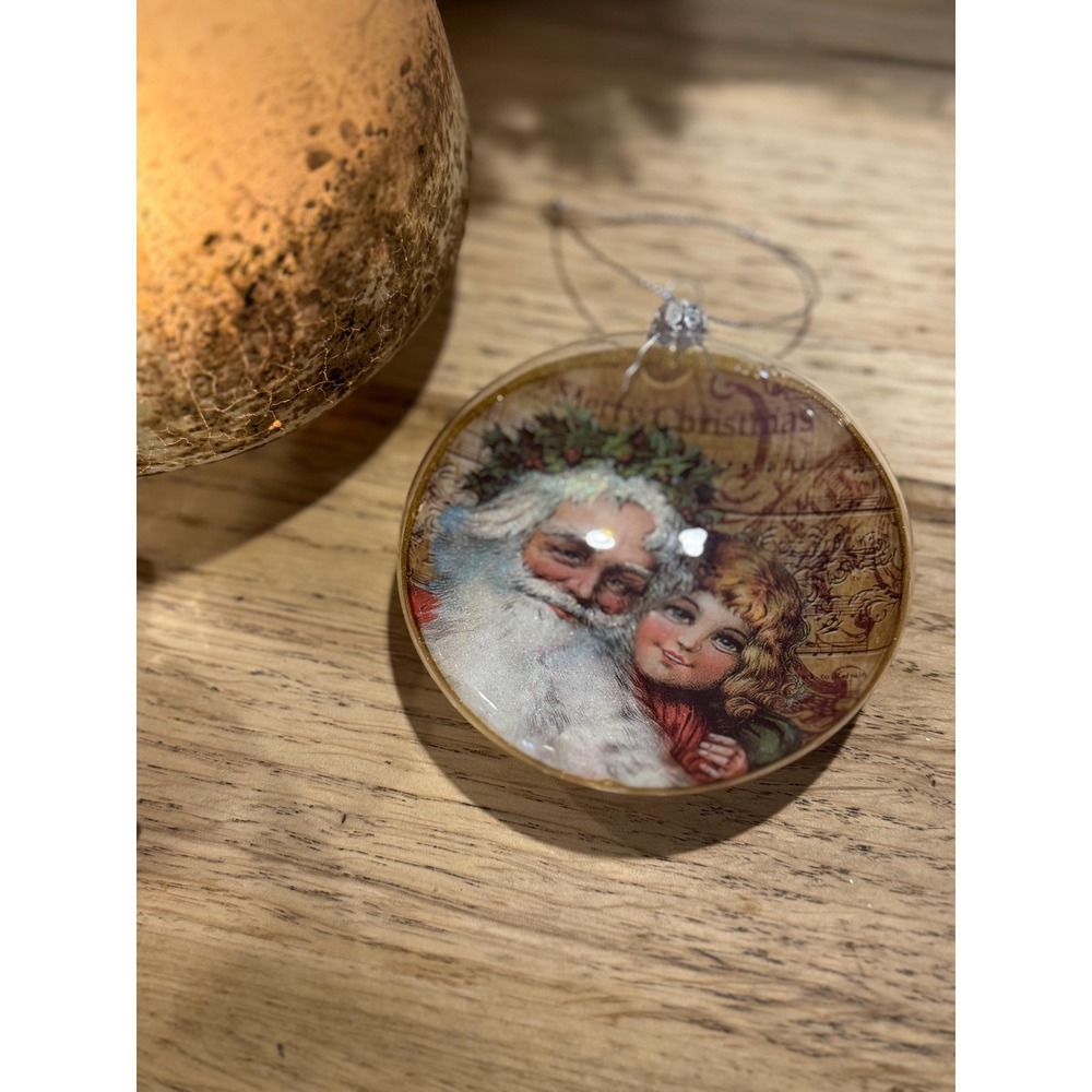 Glass Blown Vintage Santa & Girl "Merry Christmas" Ornament